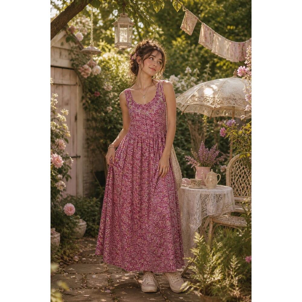 Vintage April Cornell Sleeveless Floral Maxi Dress Cottagecore XL Pink Rayon